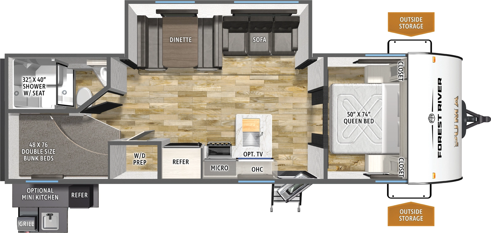 The Puma Camping Edition 283BHCE floorplan has one entry and one slide out. Exterior features include: metal exterior, 15' awning and outside kitchen. Interiors features include: bunk beds and front bedroom.